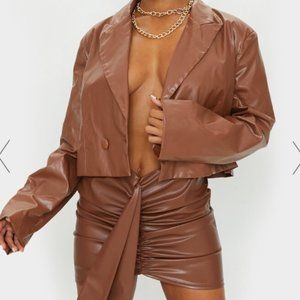 CHOCOLATE BROWN FAUX LEATHER CROPPED BLAZER